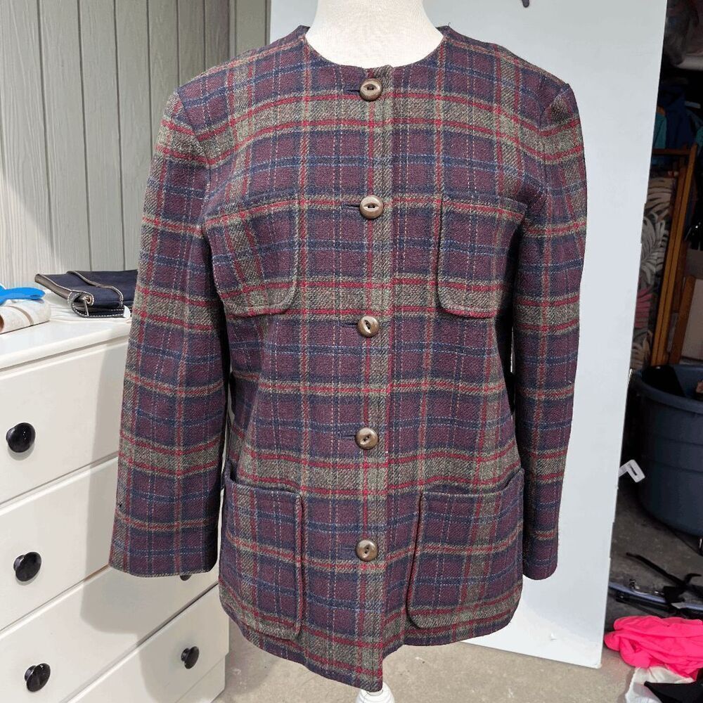VTG Pendleton Wool Plaid Jacket Blazer Burgundy Green Navy SZ L Made in USA